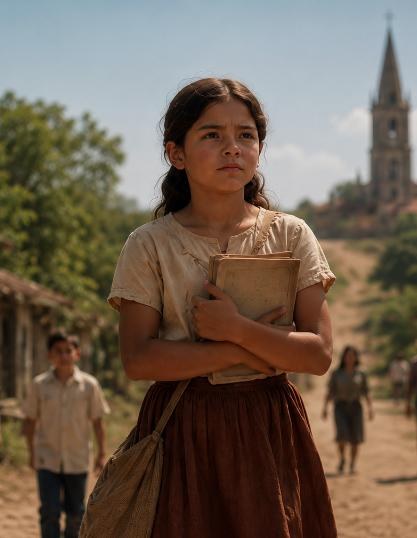 Girl holding books on a village road