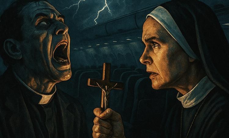 Priest holding a crucifix facing a nun